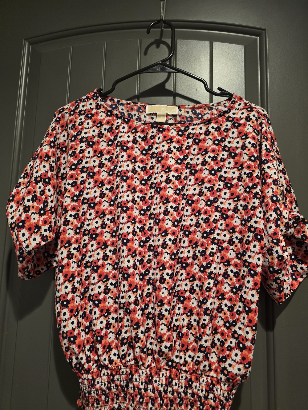 Michael Kors Red and Navy Floral Bubble-Hem Blouse